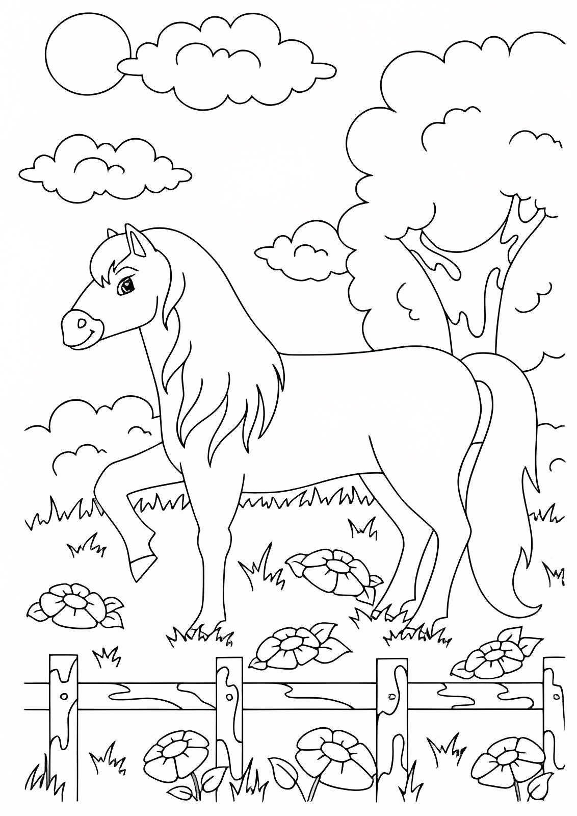 Cheval ferme pour enfants — Coloriage à imprimer gratuit