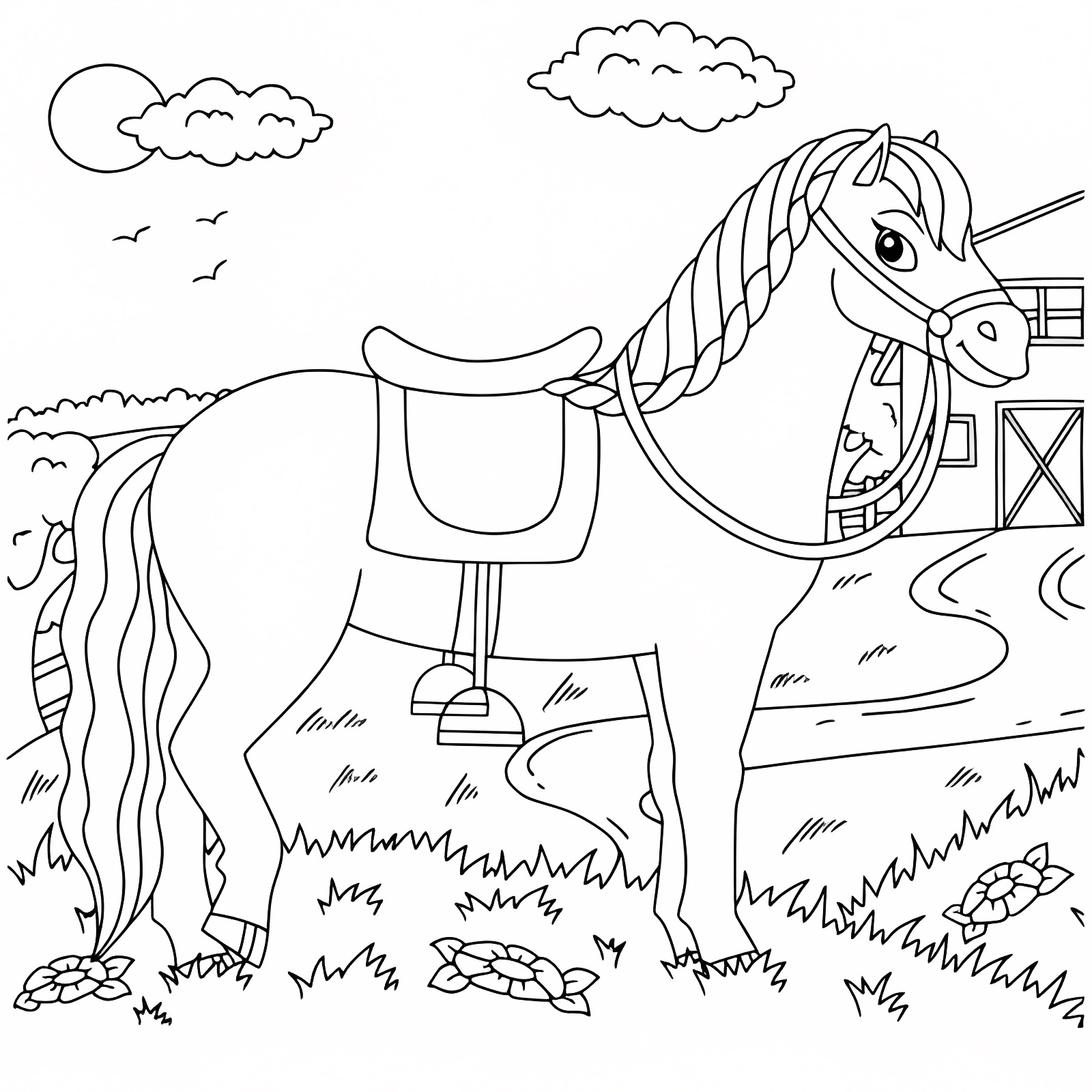 Cheval de ferme mignon — Coloriage à imprimer gratuit