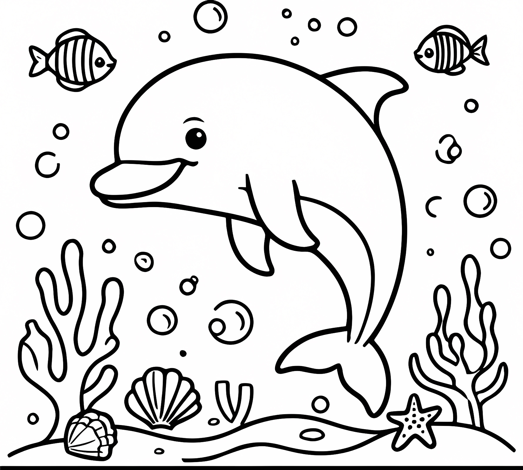 Dauphin sous-marin avec coraux — Coloriage à imprimer gratuit