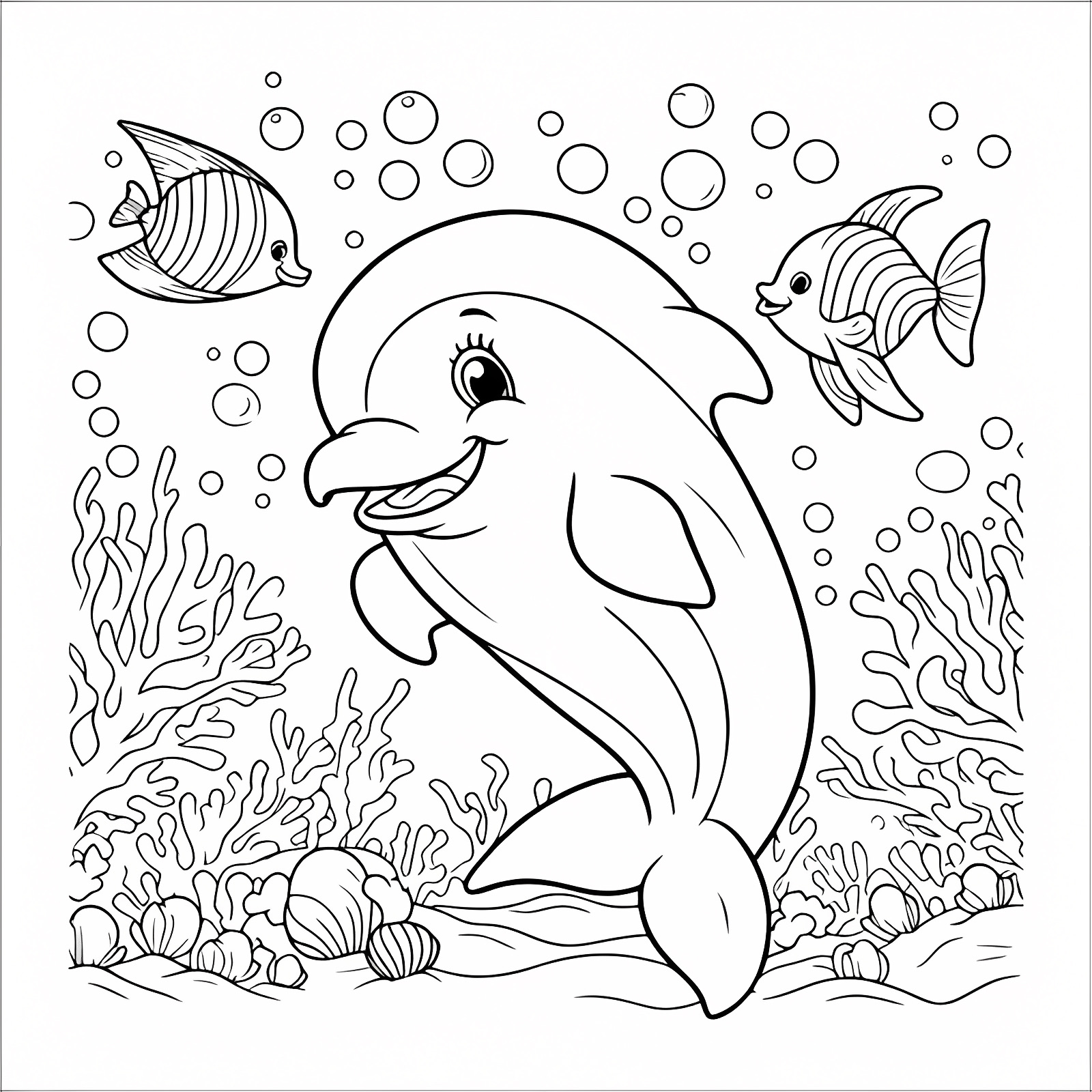 Dauphin et coraux — Coloriage à imprimer gratuit