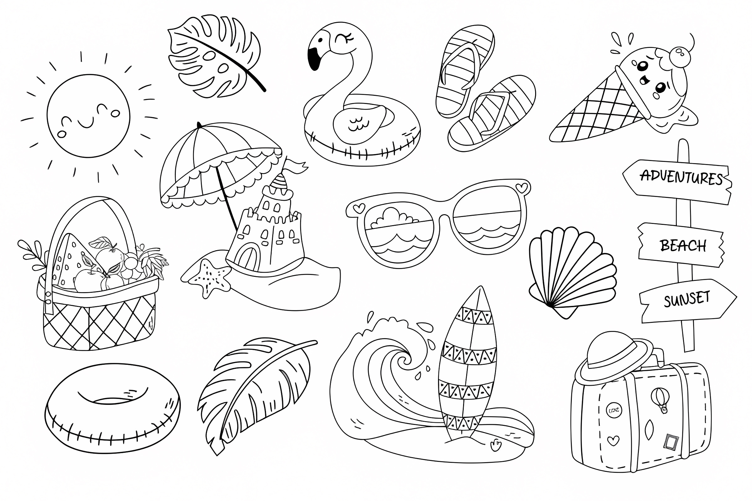 Parasol and beach chair — Free printable coloring page