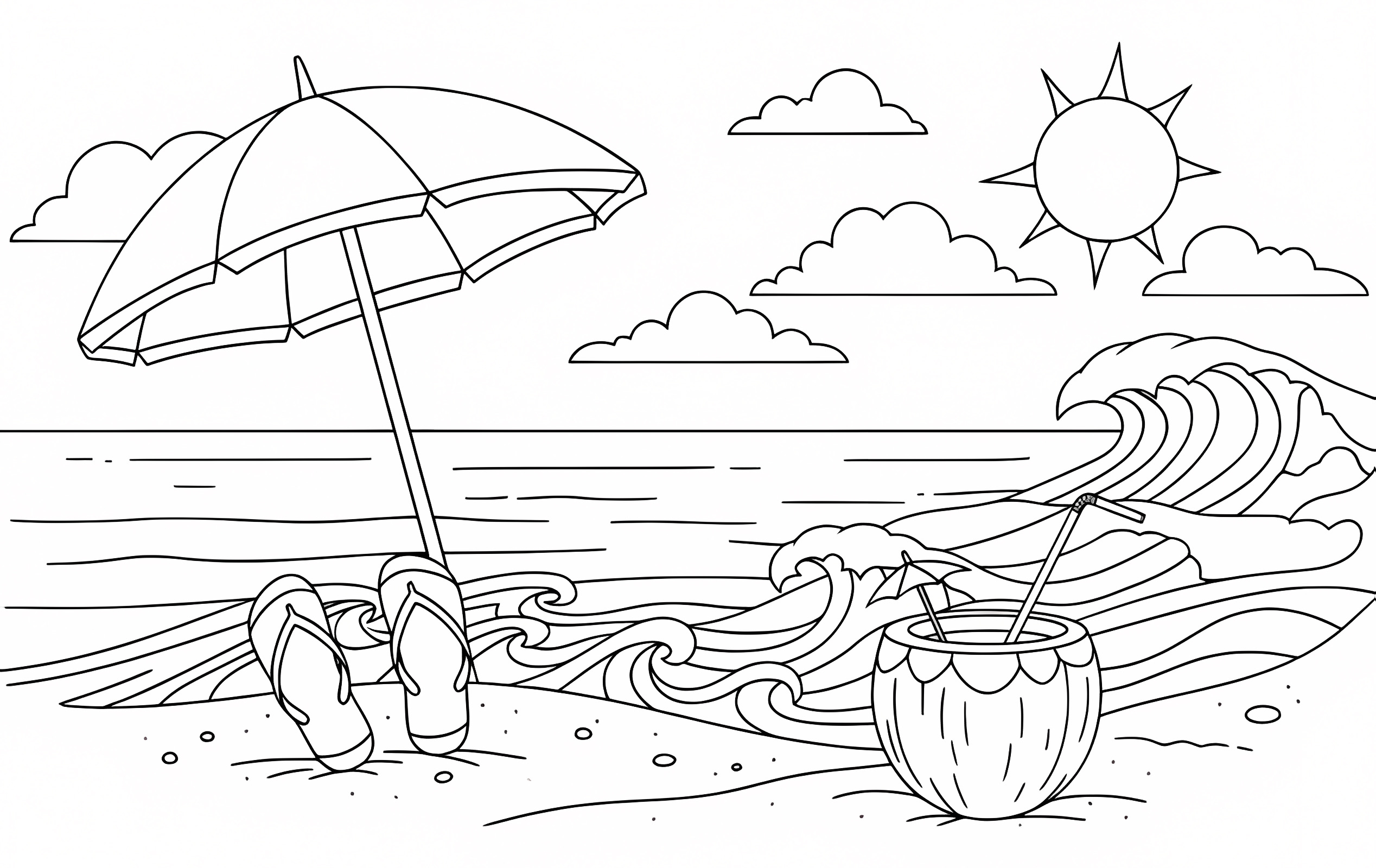 Tropical sunset beach — Free printable coloring page