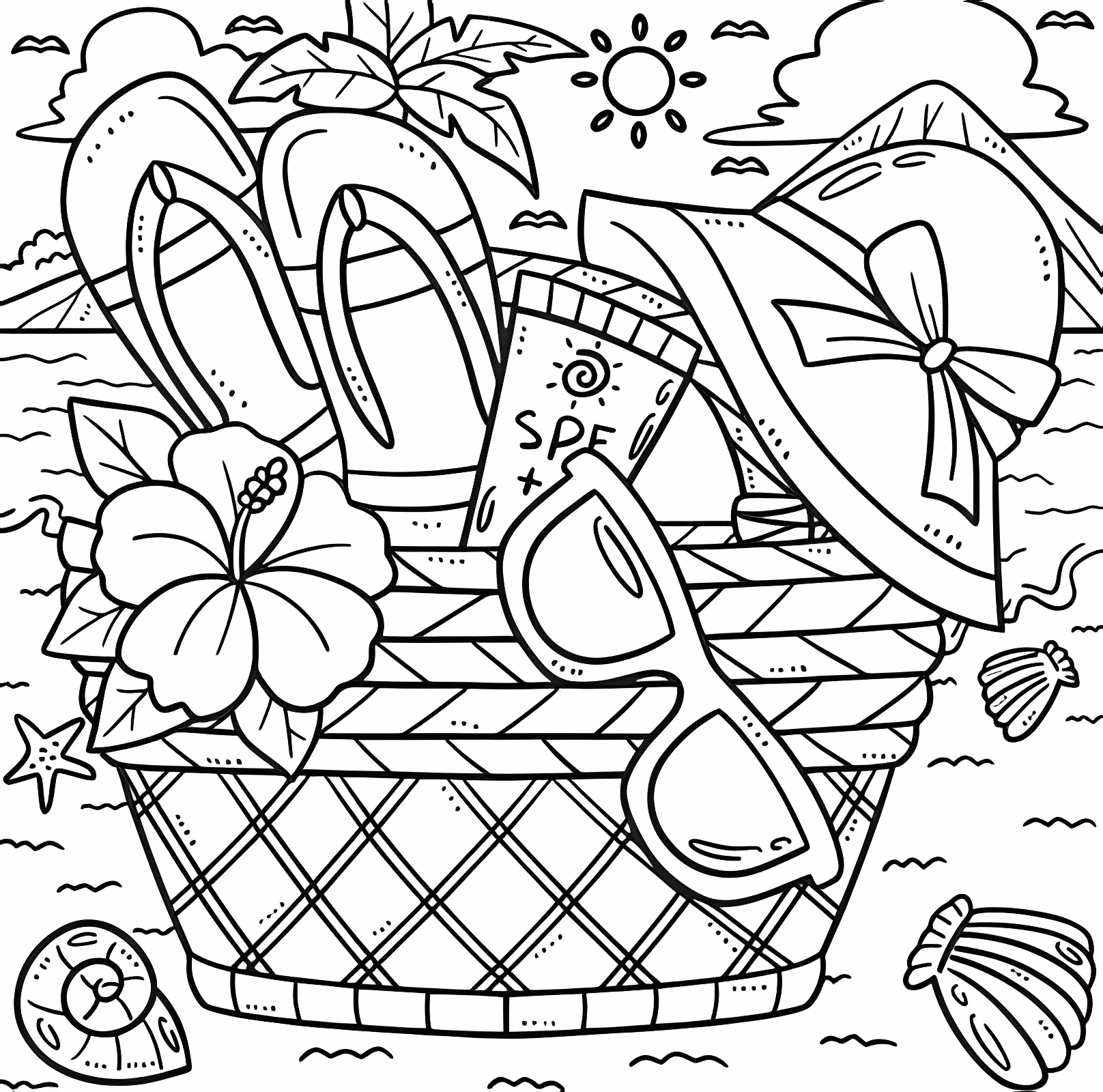 Summer cocktail on the beach — Free printable coloring page