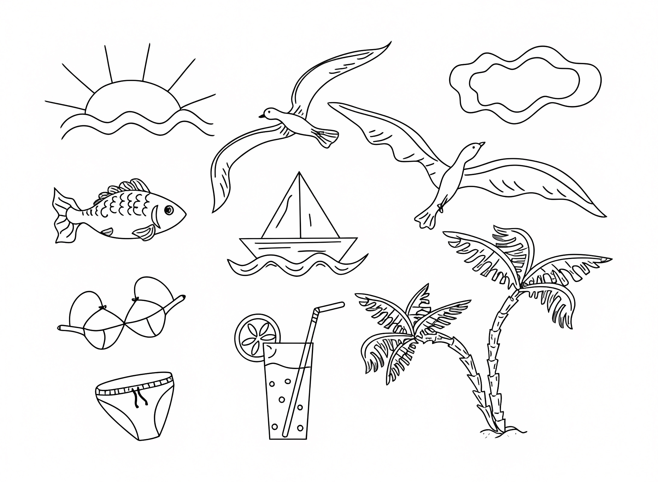 Summer vacation accessories — Free printable coloring page