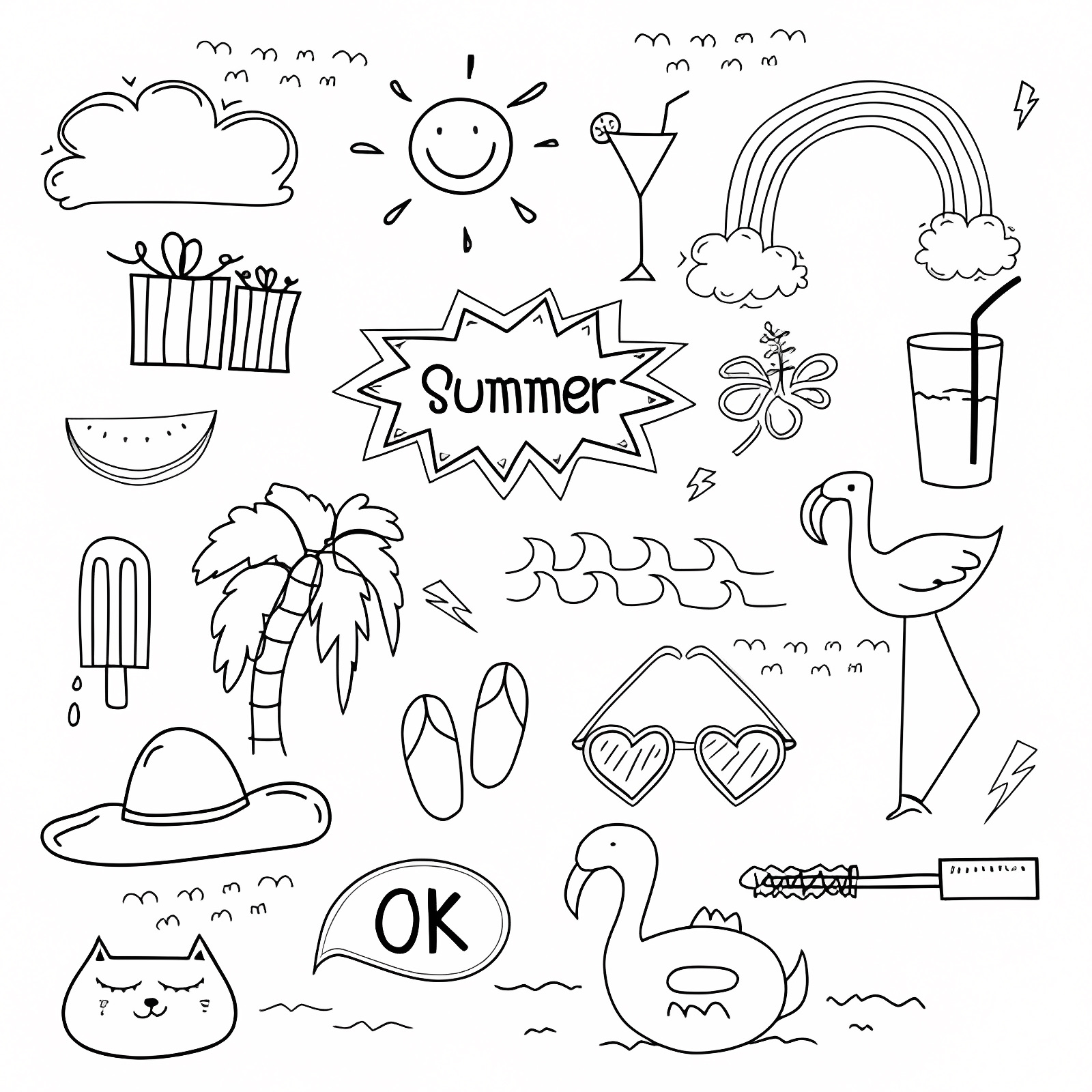 Summer items collection — Free printable coloring page
