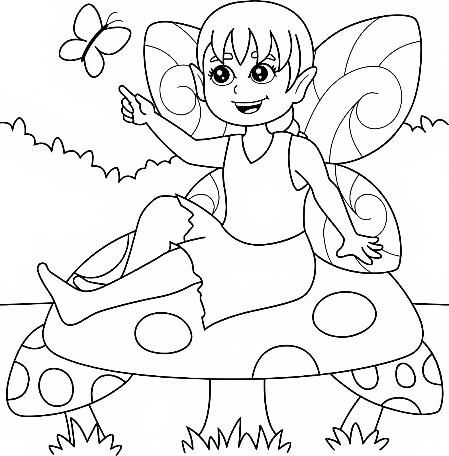 Fée assise sur un champignon — Coloriage à imprimer gratuit