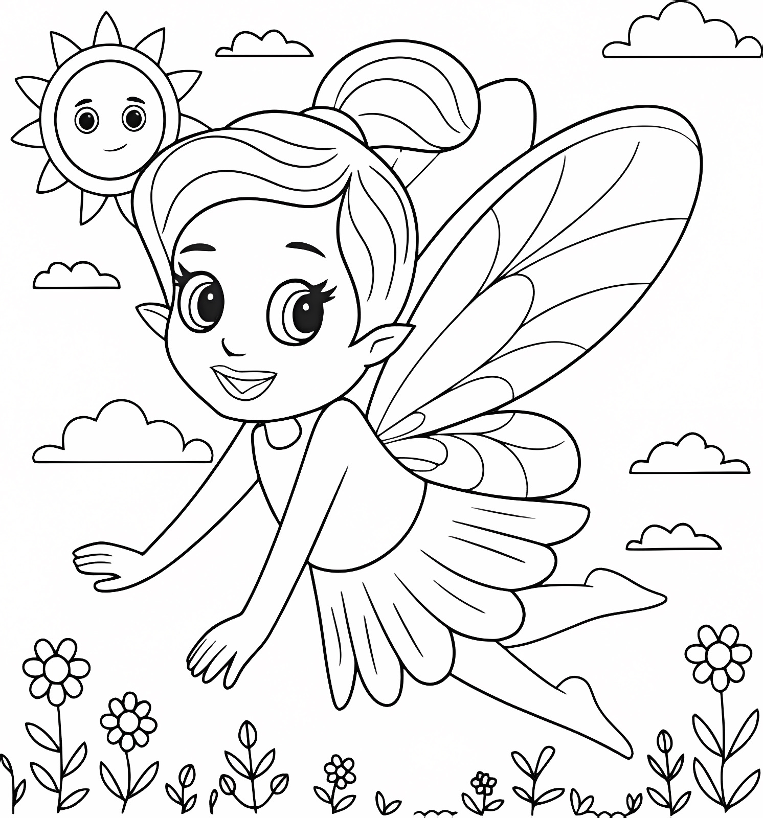 Fée adorable et soleil souriant — Coloriage à imprimer gratuit