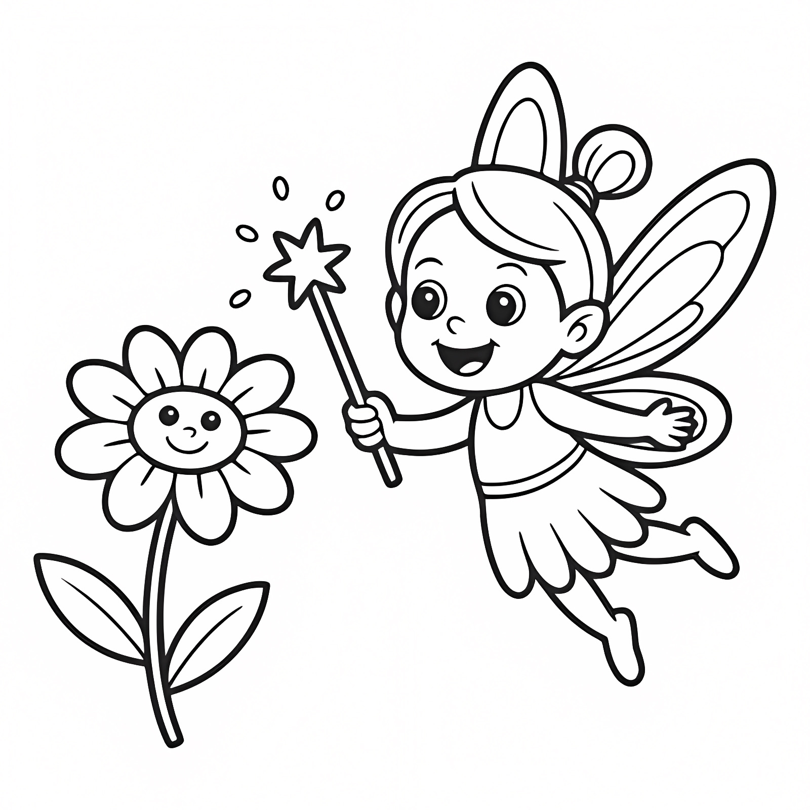 Fée magique et fleur souriante — Coloriage à imprimer gratuit