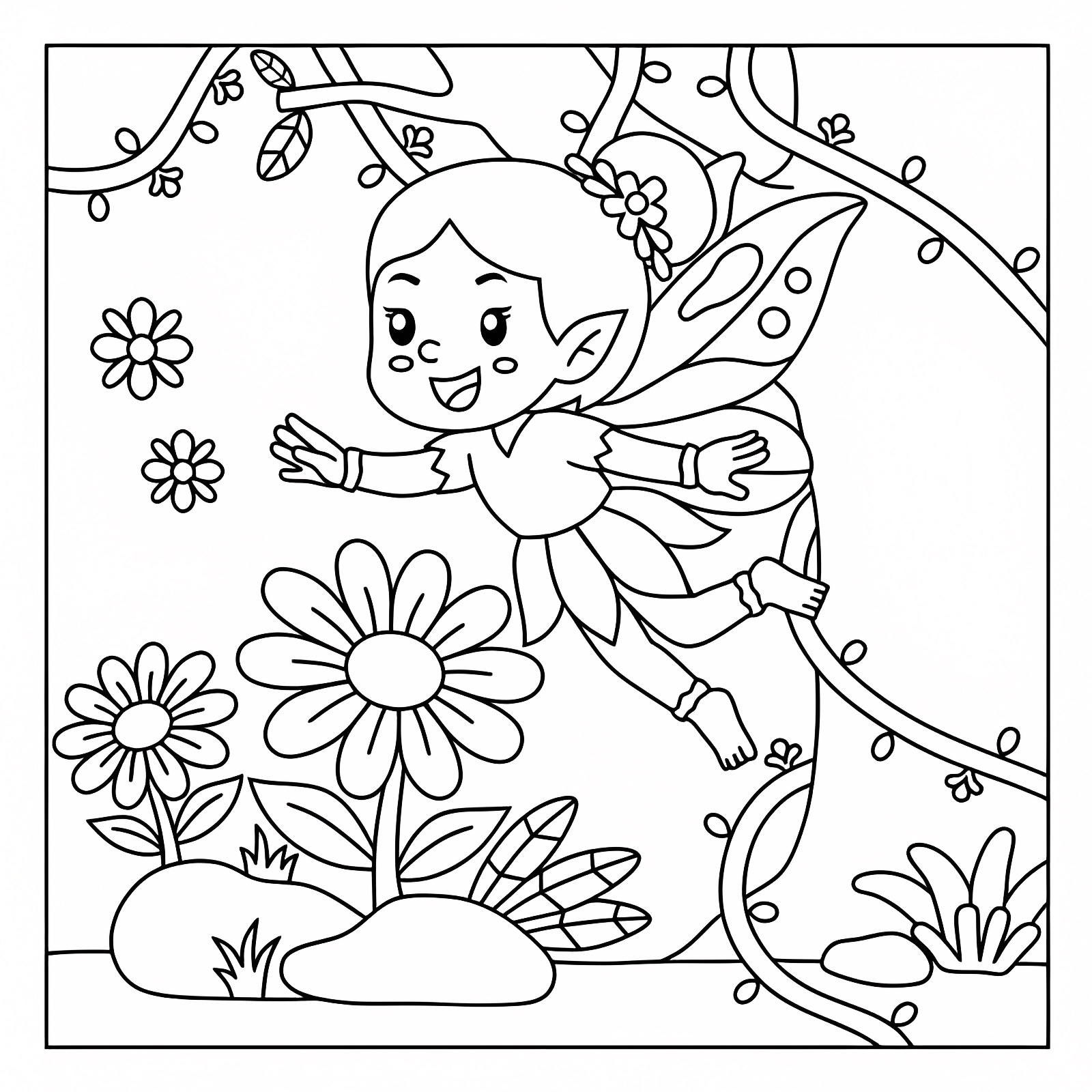 Fée volante dans un jardin fleuri — Coloriage à imprimer gratuit
