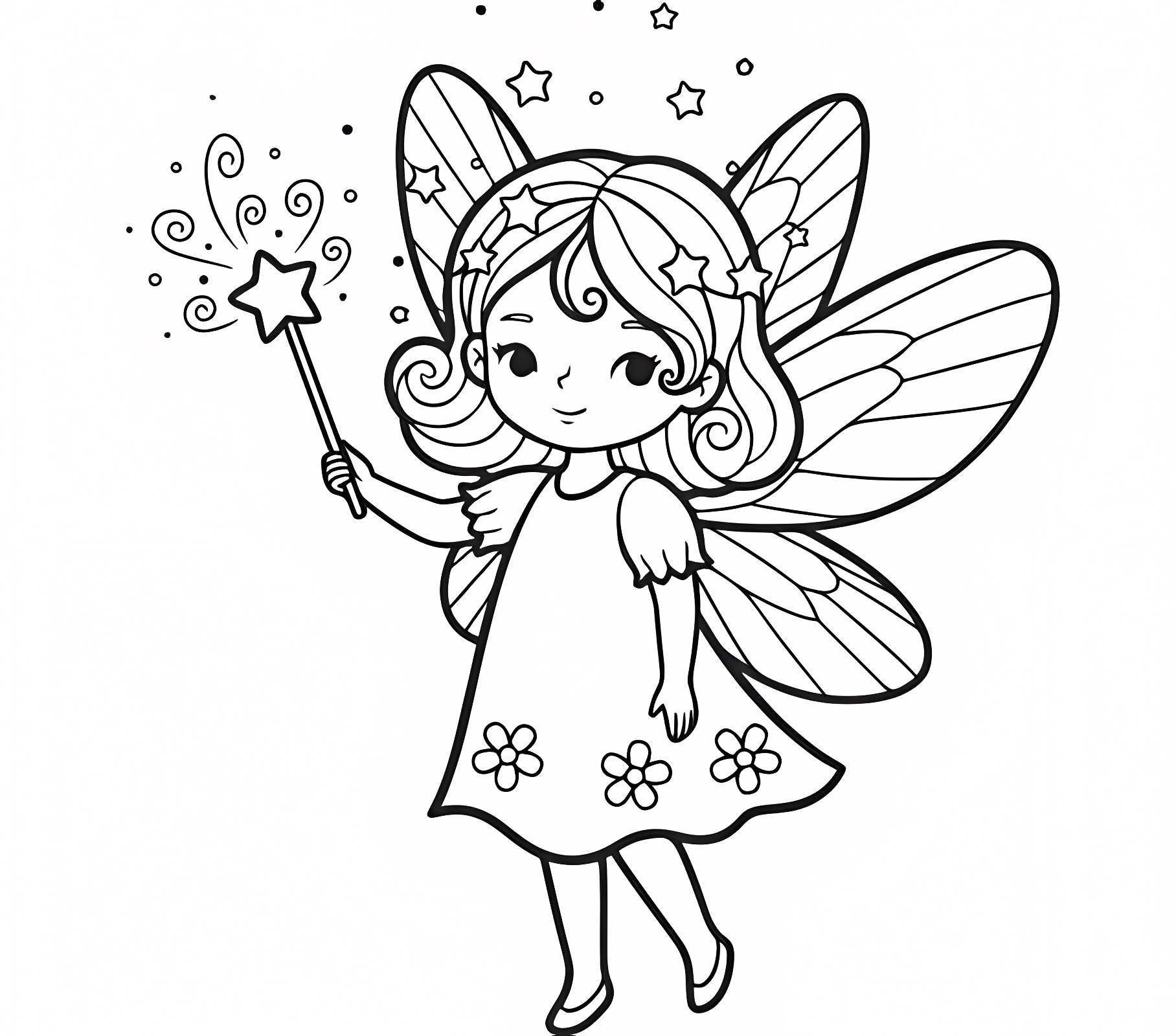 Fée mignonne avec baguette étoile — Coloriage à imprimer gratuit