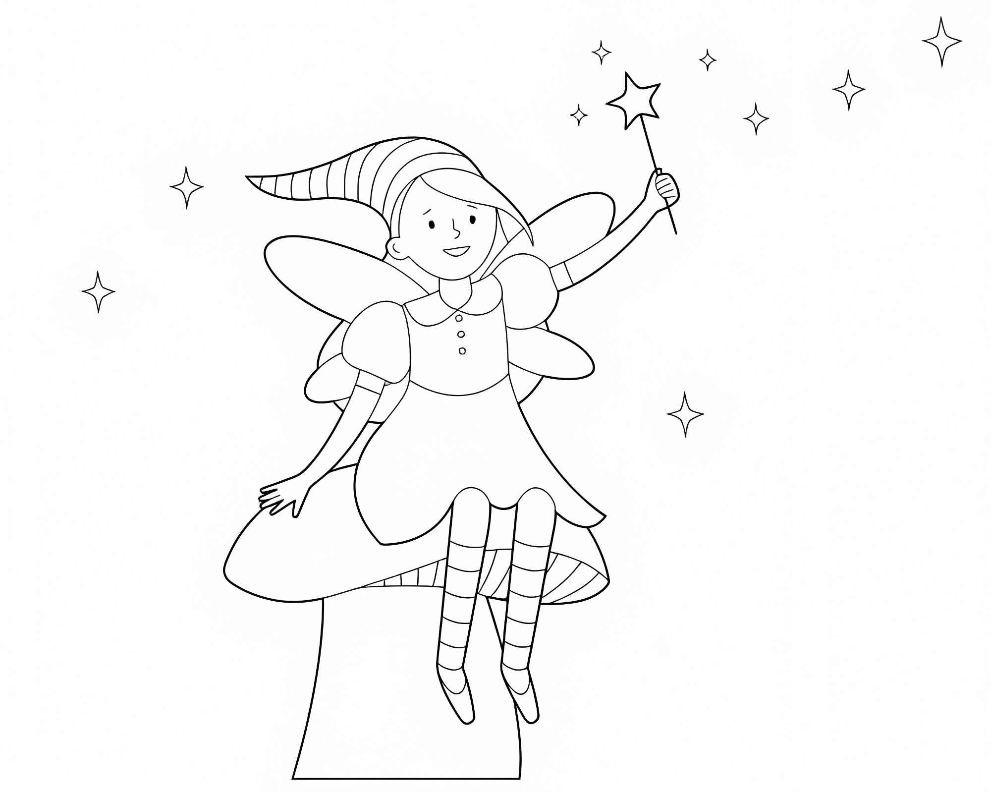 Fée sur un gros champignon — Coloriage à imprimer gratuit