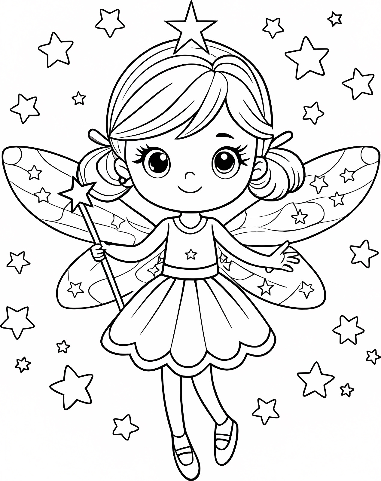 Fée avec des étoiles — Coloriage à imprimer gratuit