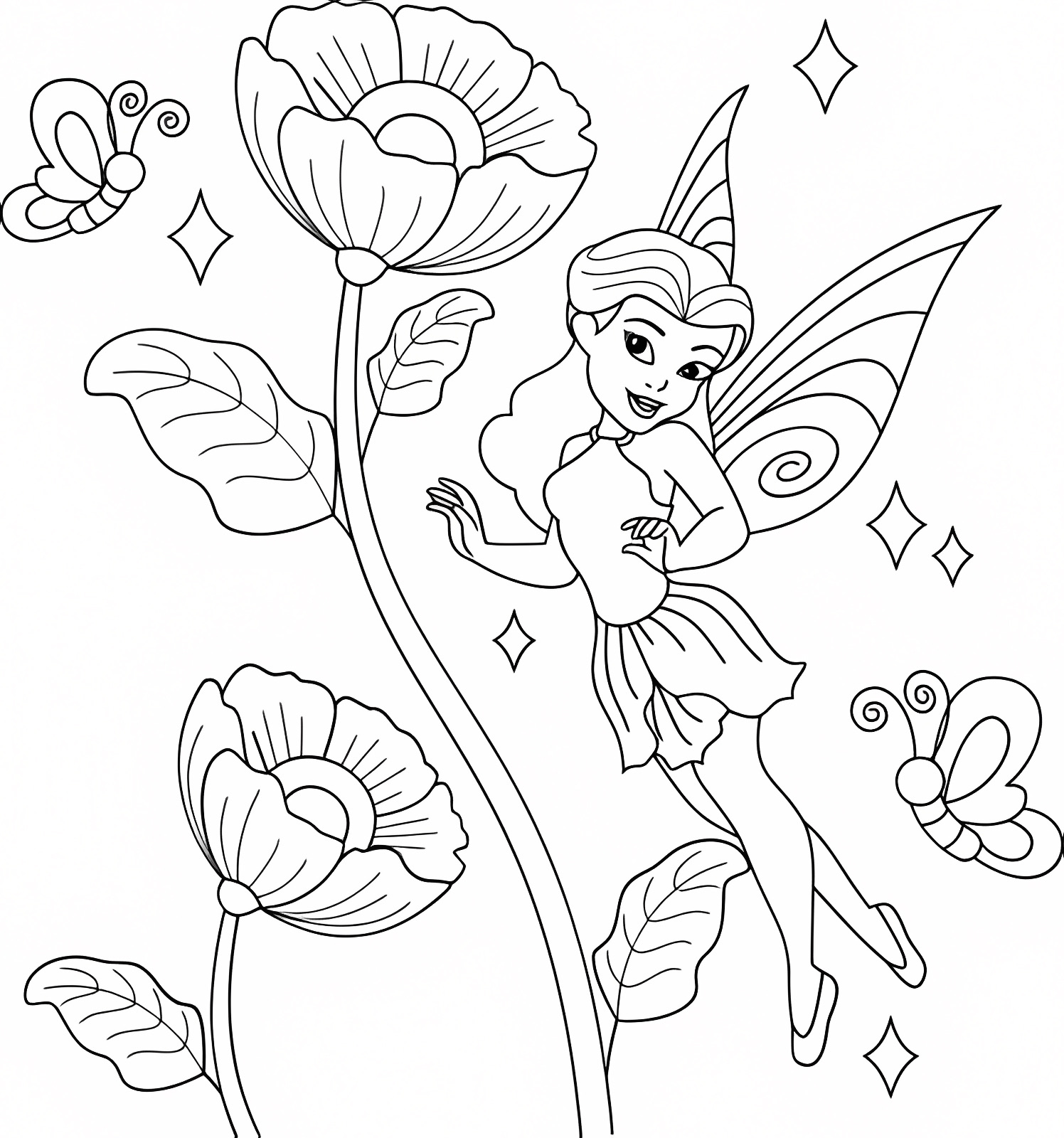 Fée avec fleurs et papillons — Coloriage à imprimer gratuit