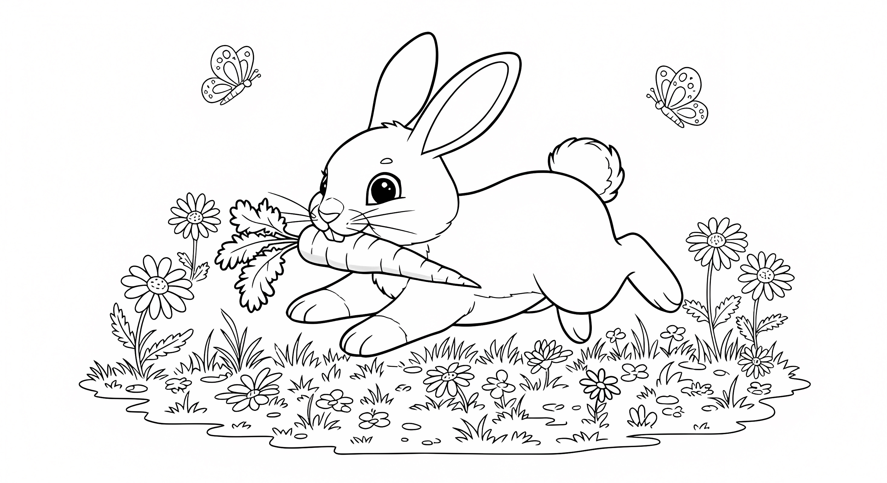 Lapin avec carottes herbe — Coloriage à imprimer gratuit