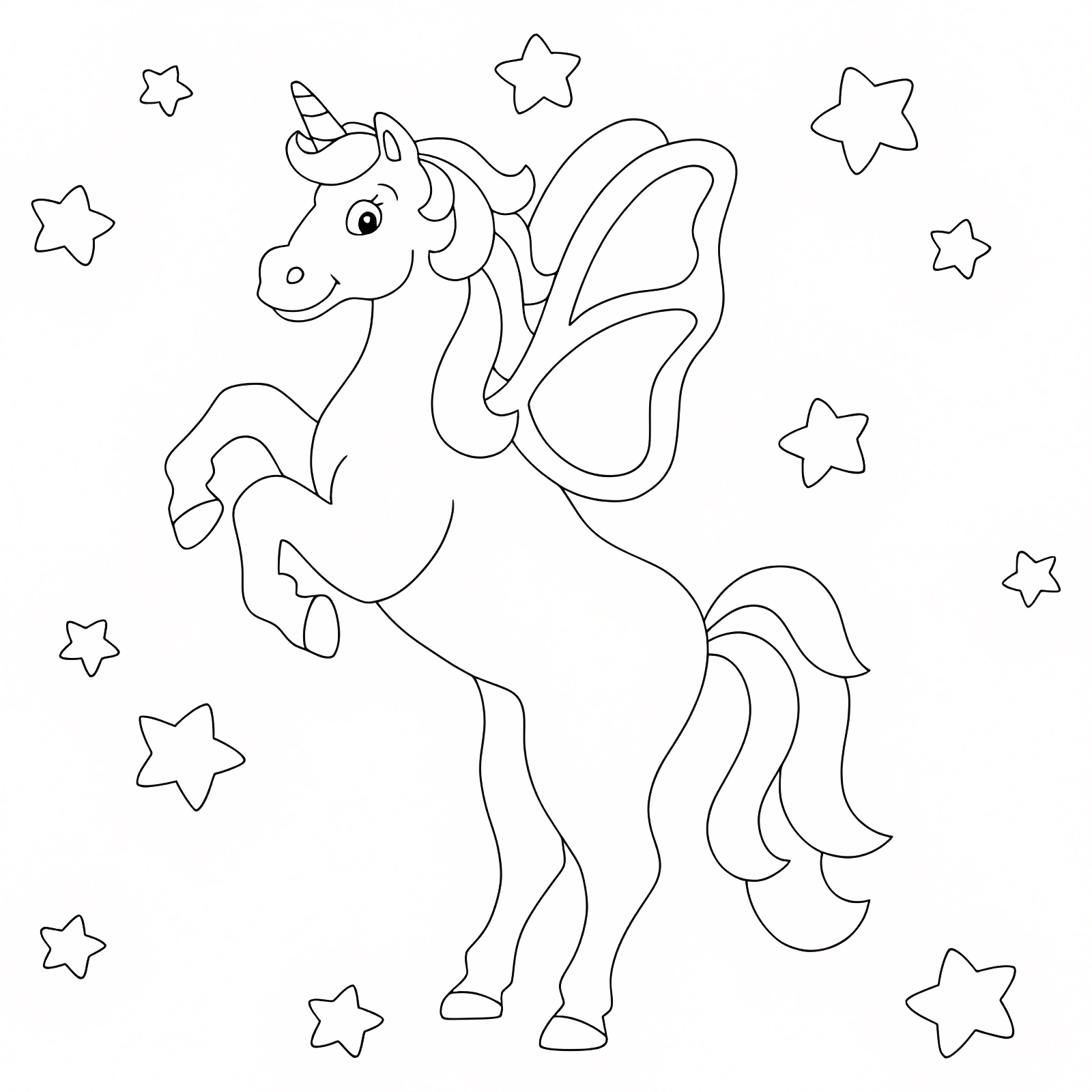 Licorne charmante aux ailes dressées — Coloriage à imprimer gratuit