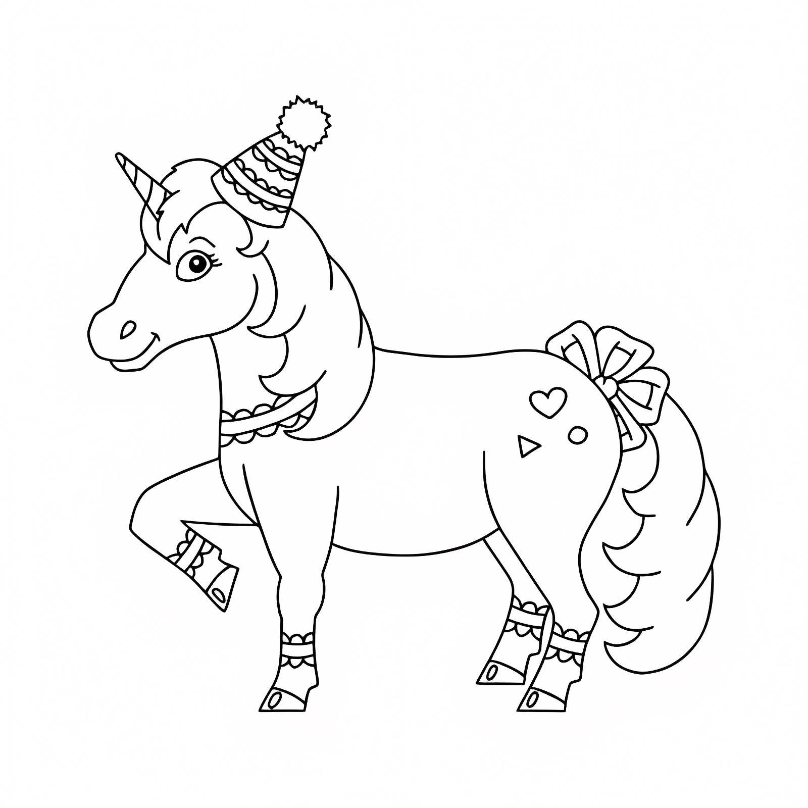 Licorne drôle avec chapeau de fête — Coloriage à imprimer gratuit