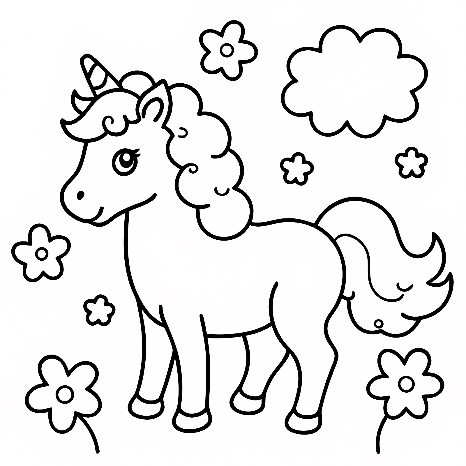 Bébé licorne dans la prairie — Coloriage à imprimer gratuit