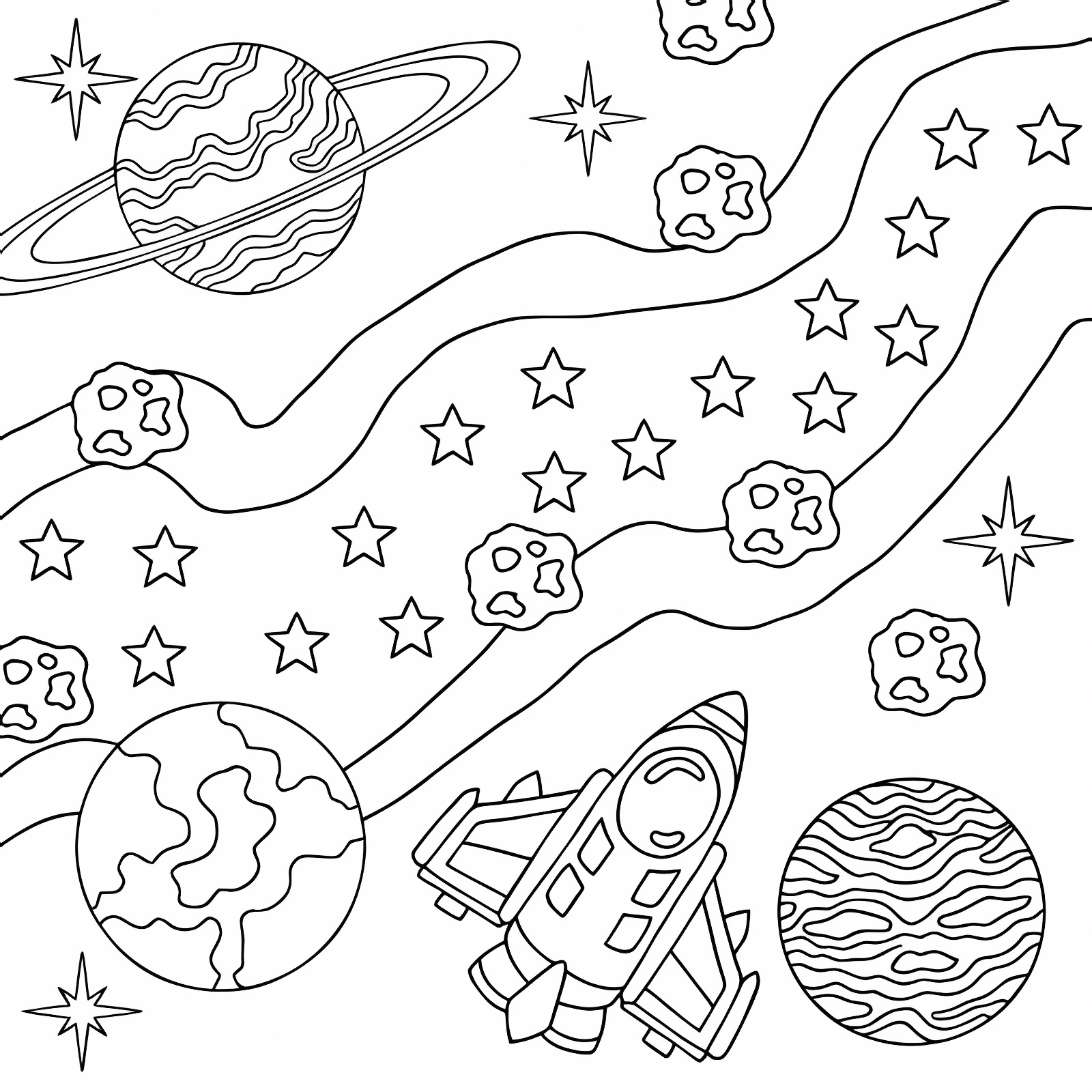 Space scene for kids — Free printable coloring page