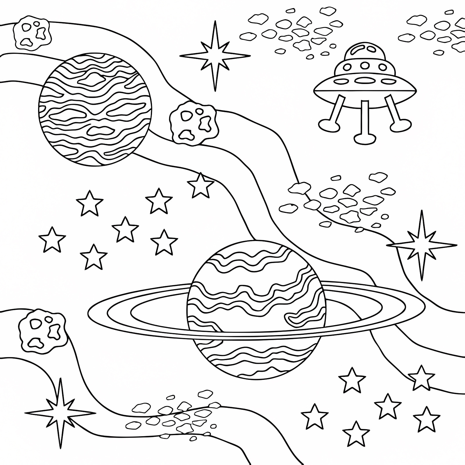 Kawaii smiling planets — Free printable coloring page