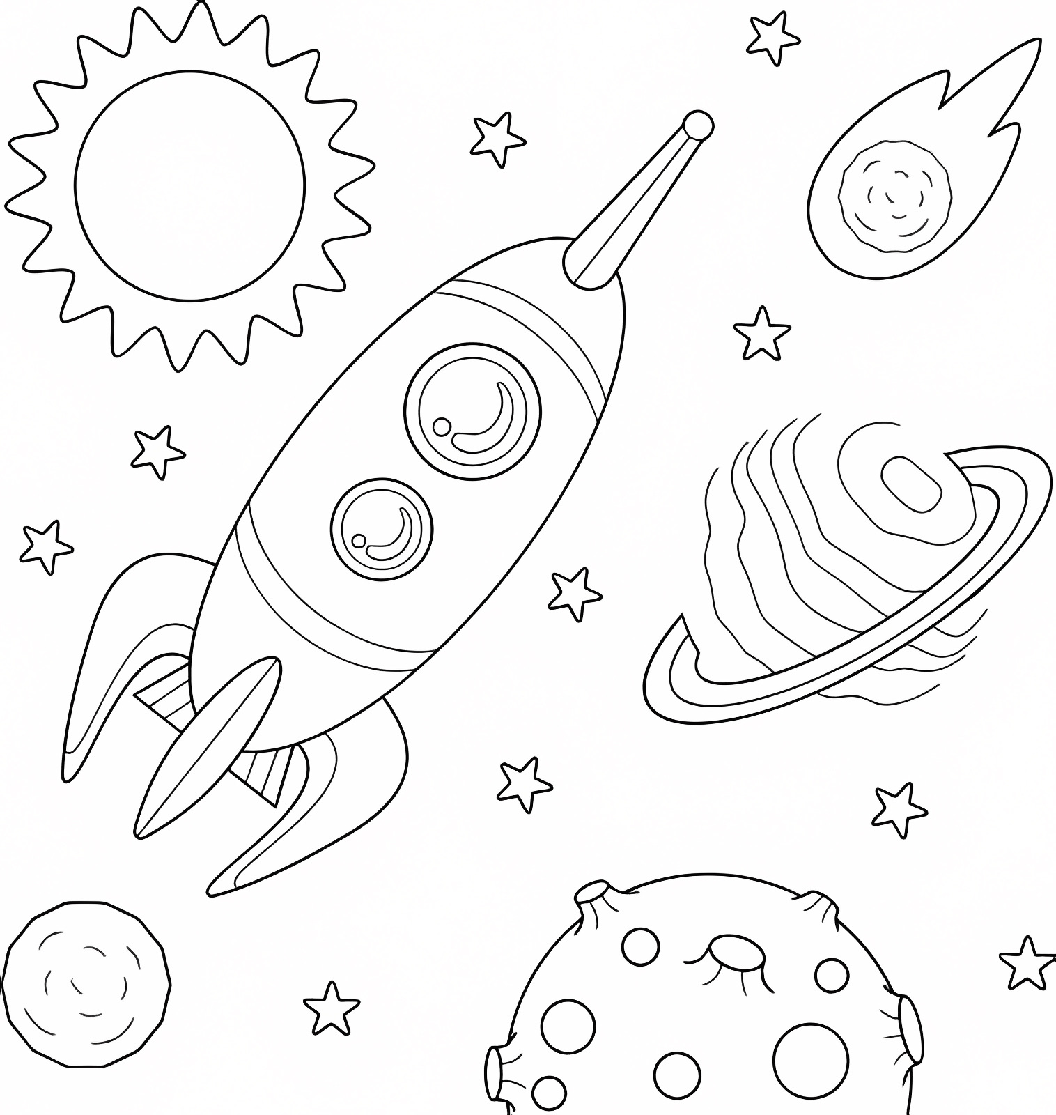 Planets and stars — Free printable coloring page