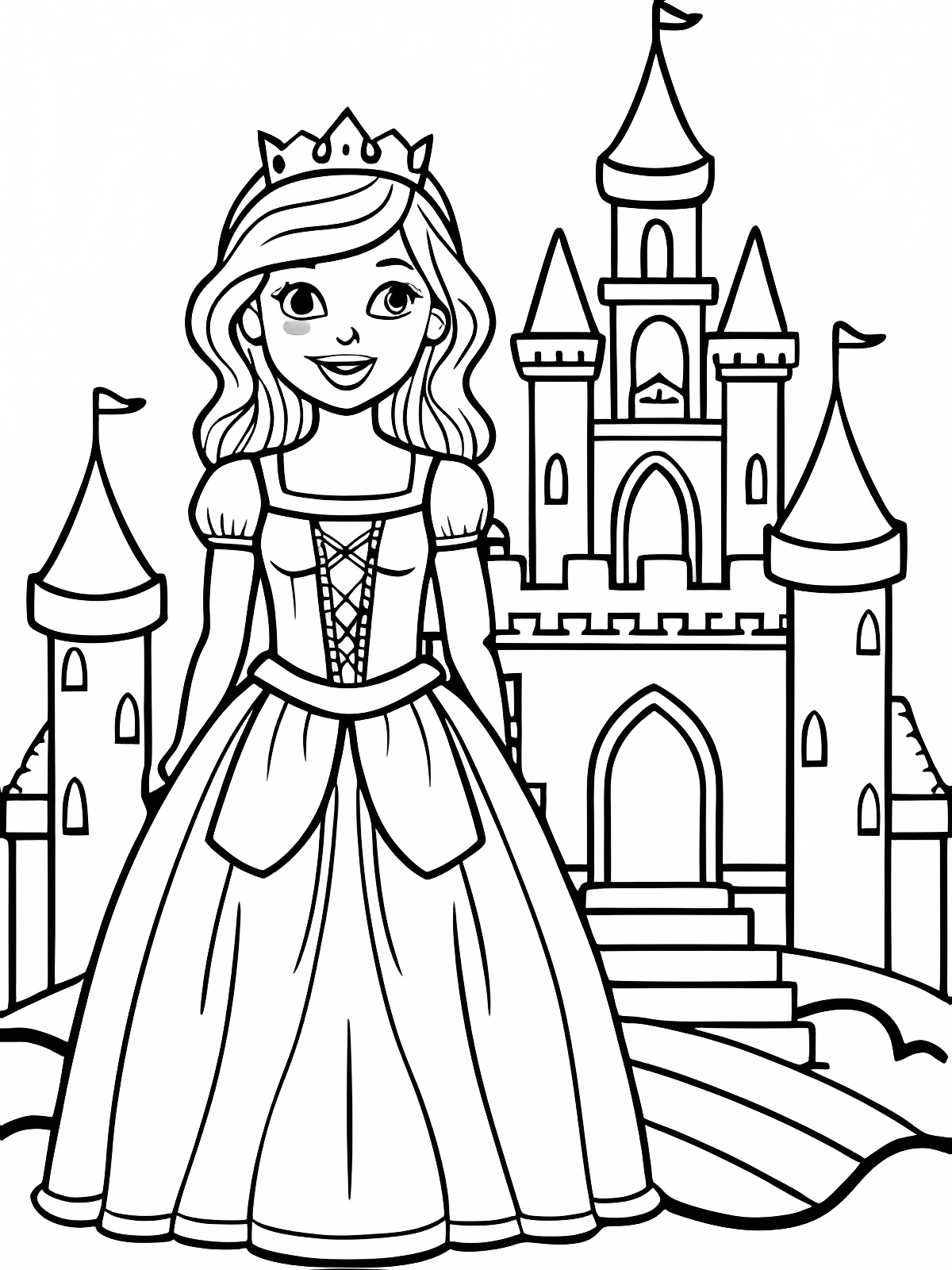 Princesse devant son château — Coloriage à imprimer gratuit
