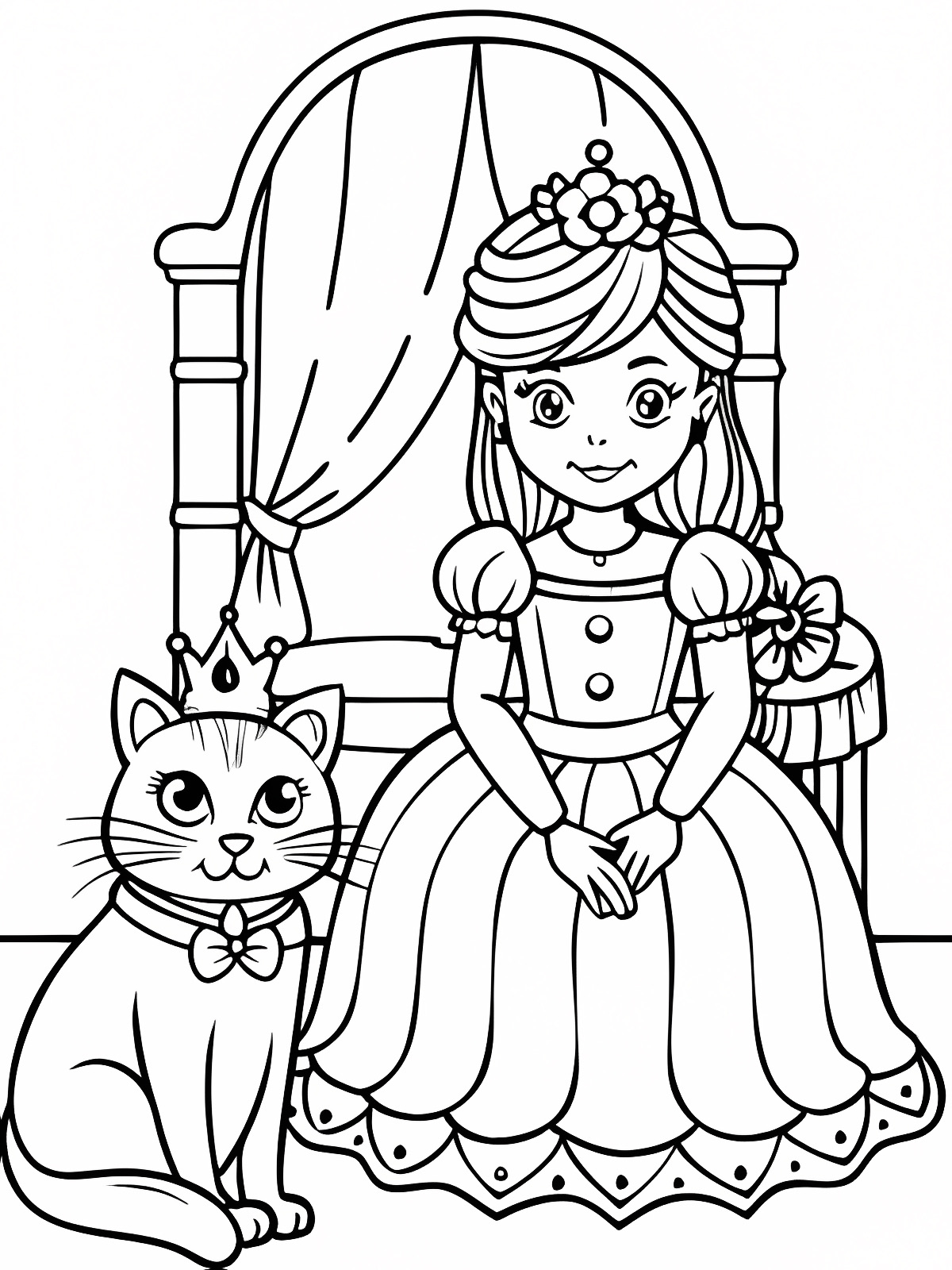 Princesse et son chat — Coloriage à imprimer gratuit