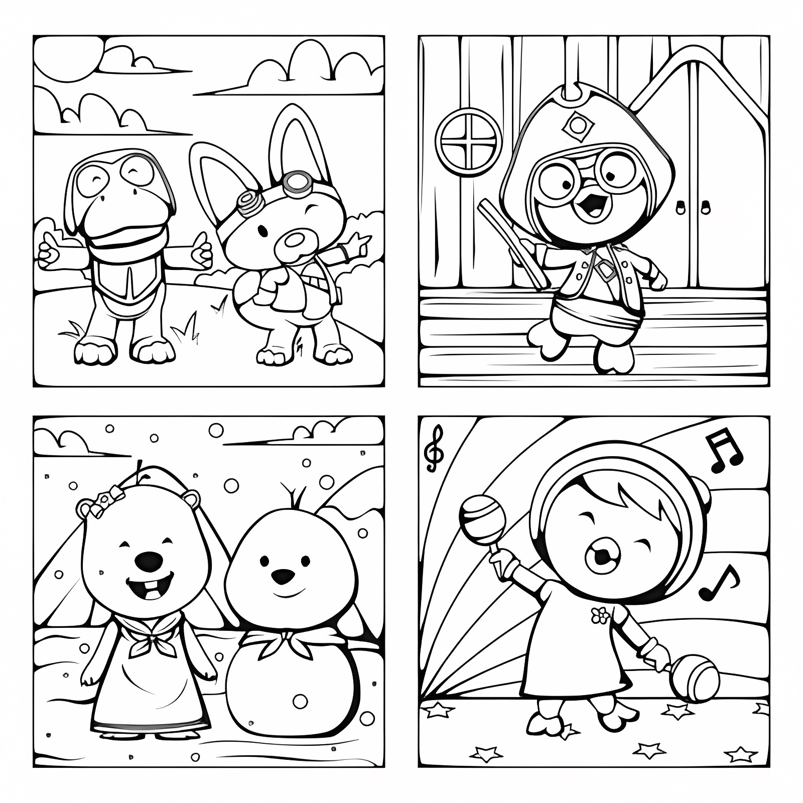 Scène hivernale avec manchots — Coloriage à imprimer gratuit