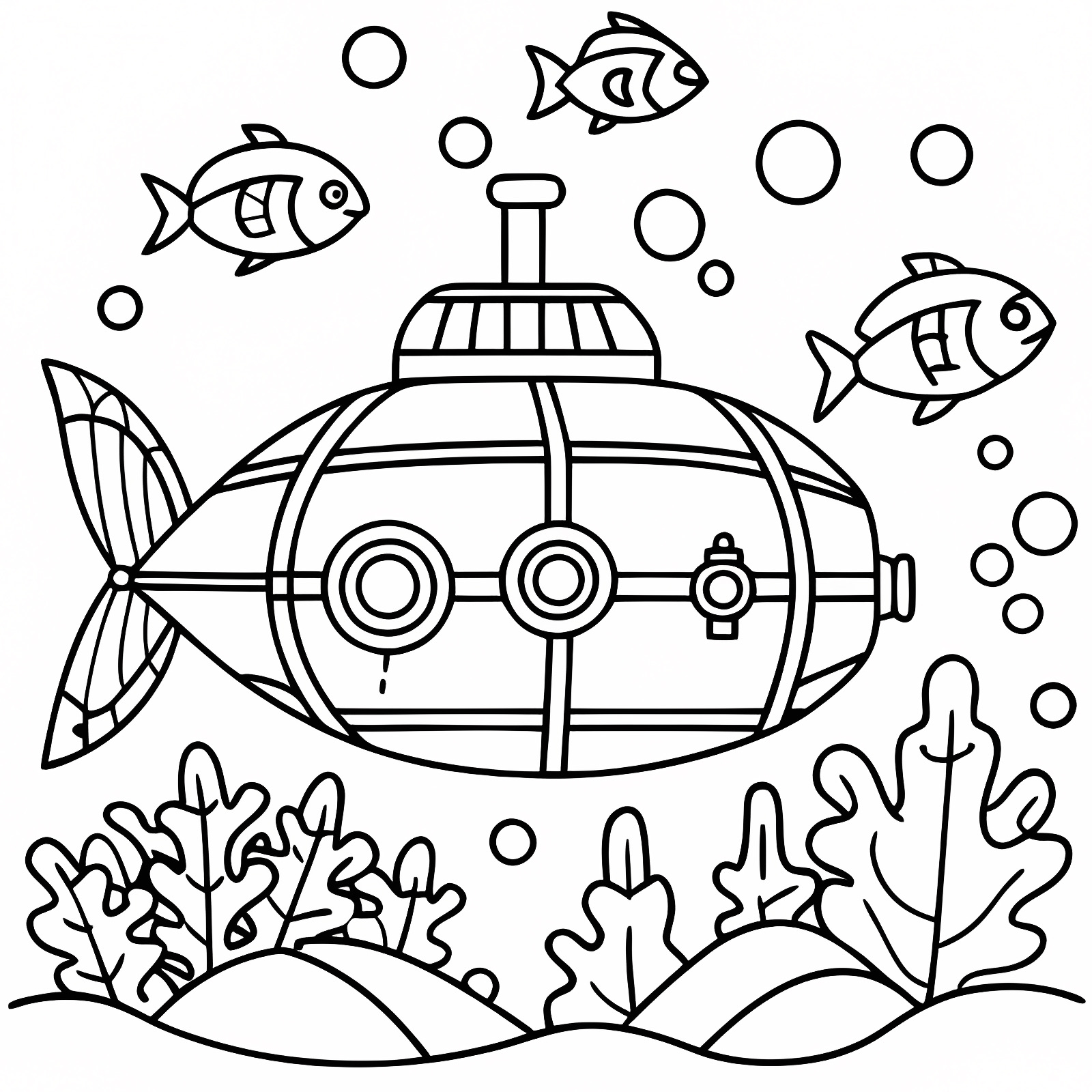 Sous-marin avec poissons — Coloriage à imprimer gratuit
