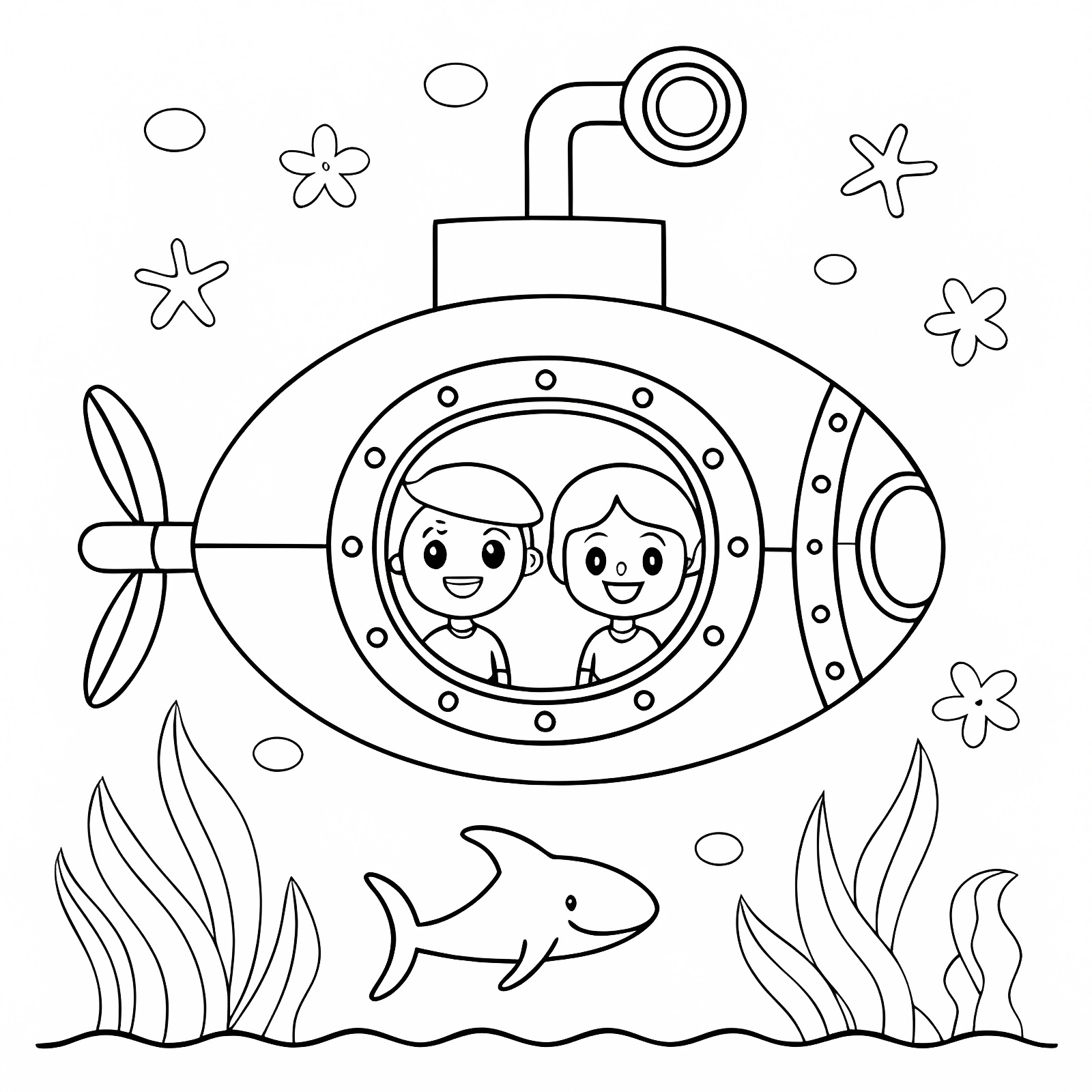 Sous-marin aventure dauphin — Coloriage à imprimer gratuit