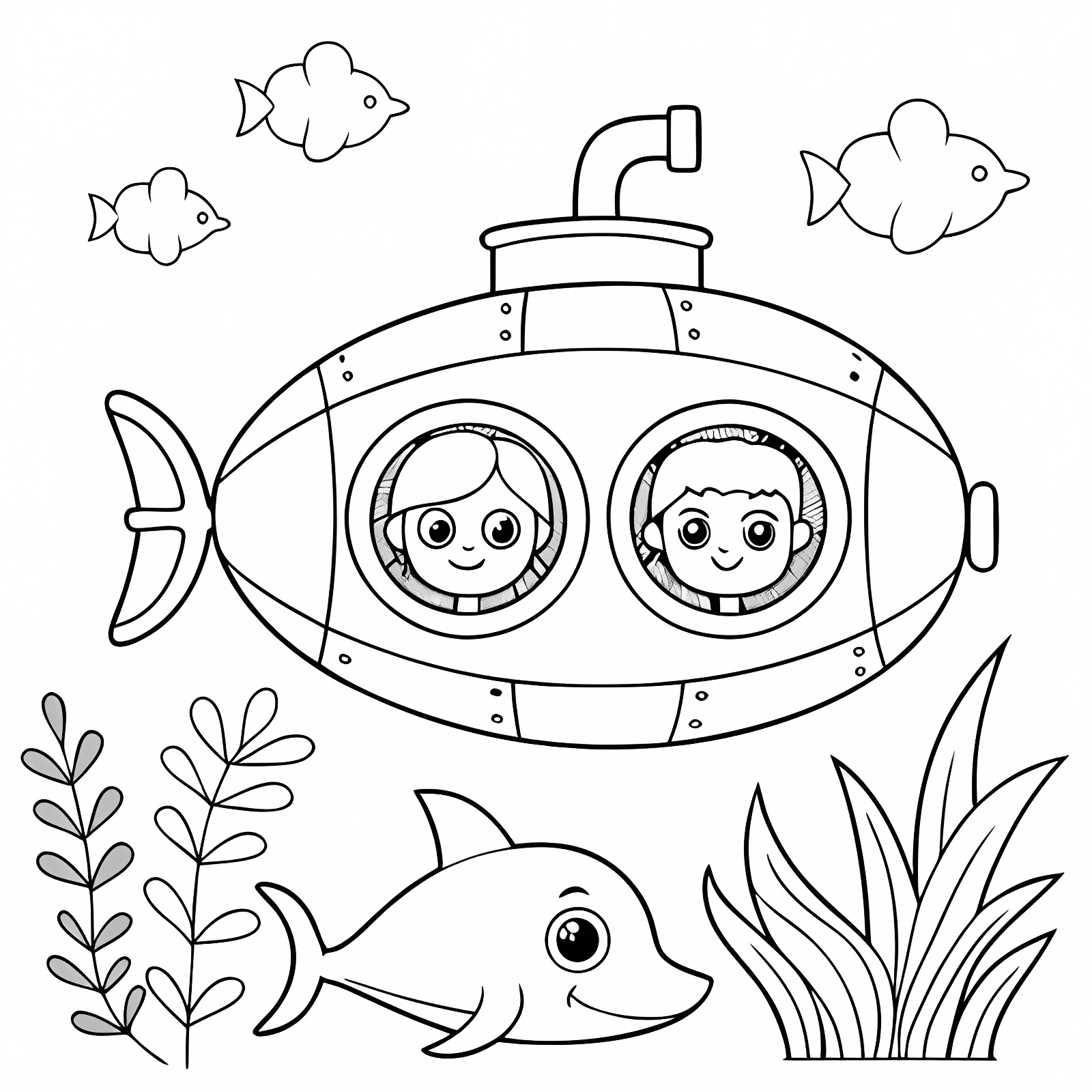 Submarine dolphin scene — Free printable coloring page