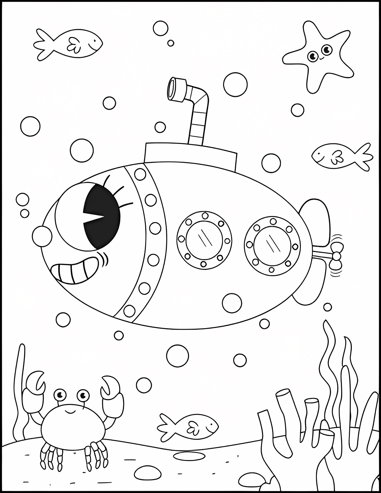 Black white submarine — Free printable coloring page