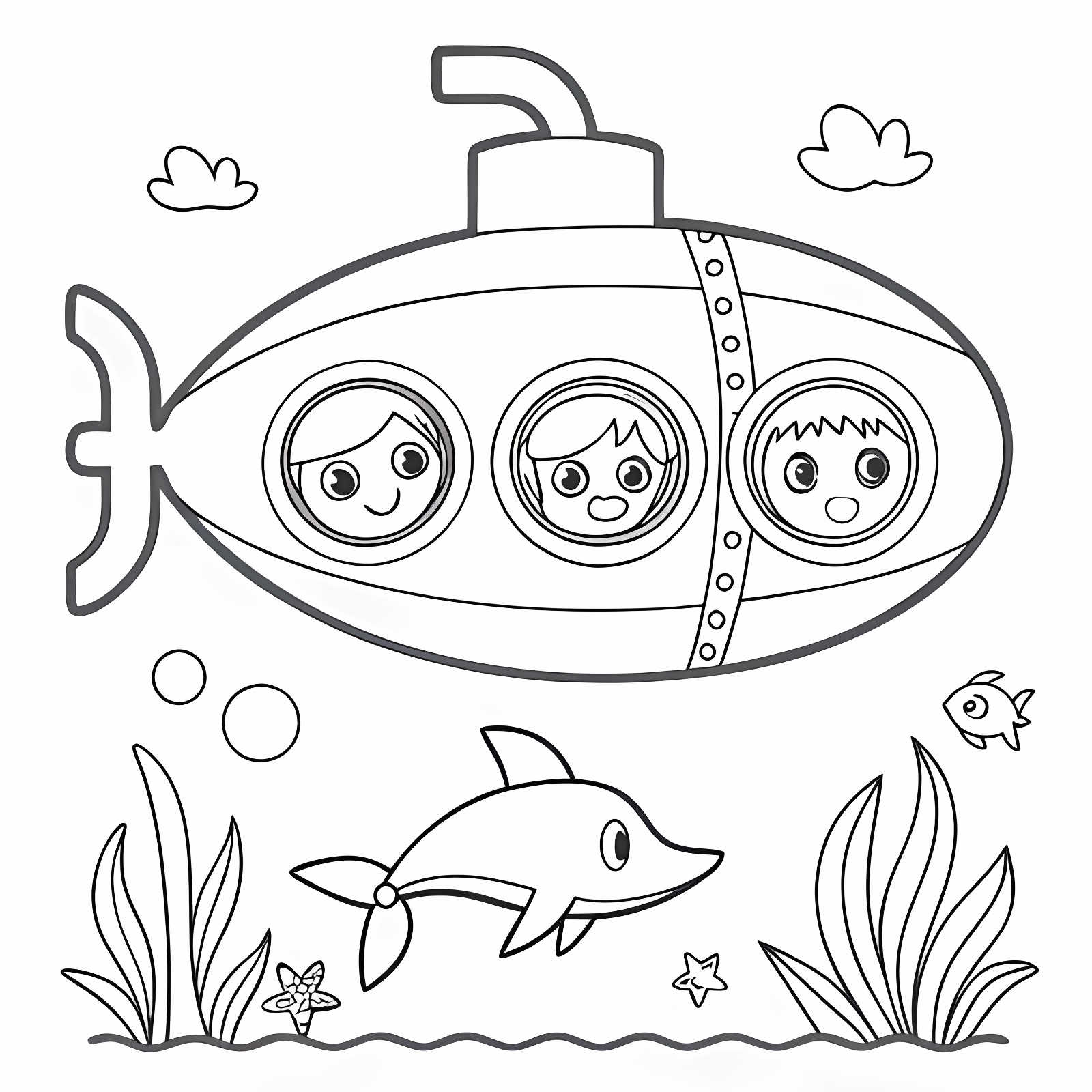 Sous-marin exploration dauphin — Coloriage à imprimer gratuit